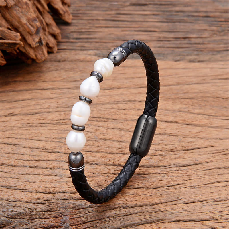 Fortune Jewel Handmade Irregular Shaped Pearls Healing Leather Titanium Steel Buckle Bracelet