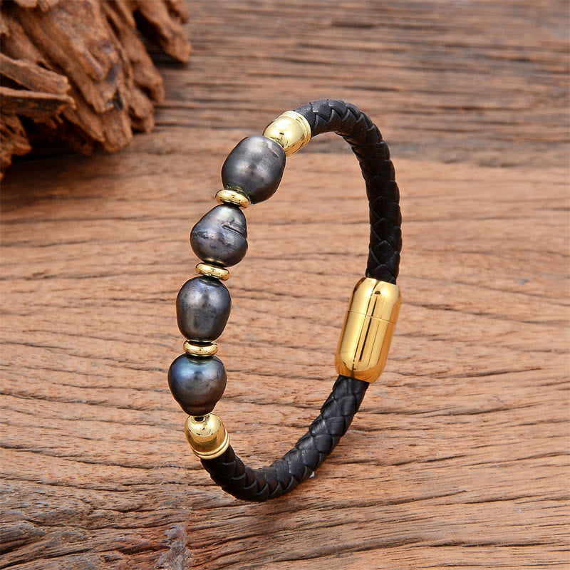 Fortune Jewel Handmade Irregular Shaped Pearls Healing Leather Titanium Steel Buckle Bracelet
