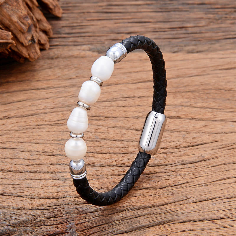 Fortune Jewel Handmade Irregular Shaped Pearls Healing Leather Titanium Steel Buckle Bracelet