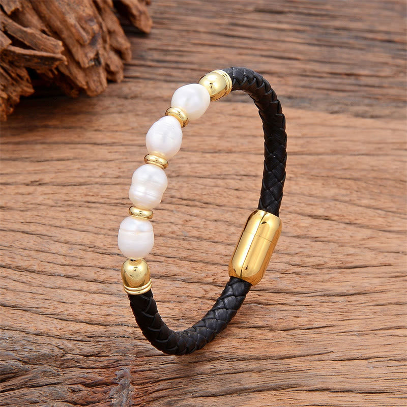 Fortune Jewel Handmade Irregular Shaped Pearls Healing Leather Titanium Steel Buckle Bracelet