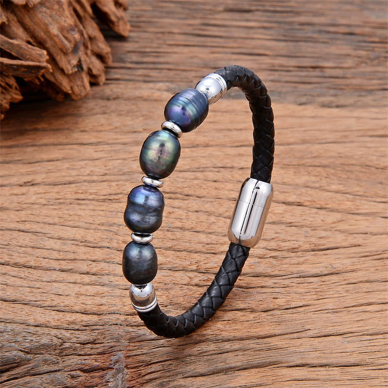 Fortune Jewel Handmade Irregular Shaped Pearls Healing Leather Titanium Steel Buckle Bracelet