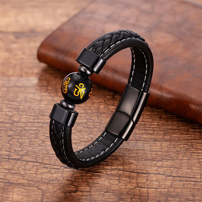 Fortune Jewel Lazurite Black Onyx Tiger Eye Lava Rock Om Mani Padme Hum Serenity Leather Bracelet