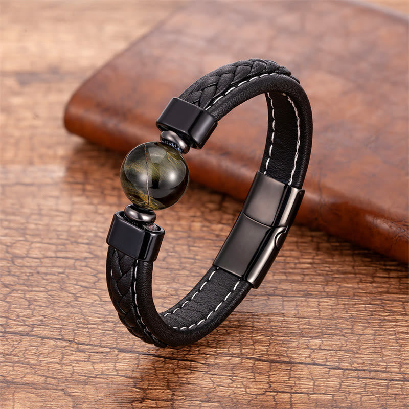 Fortune Jewel Lazurite Black Onyx Tiger Eye Lava Rock Om Mani Padme Hum Serenity Leather Bracelet