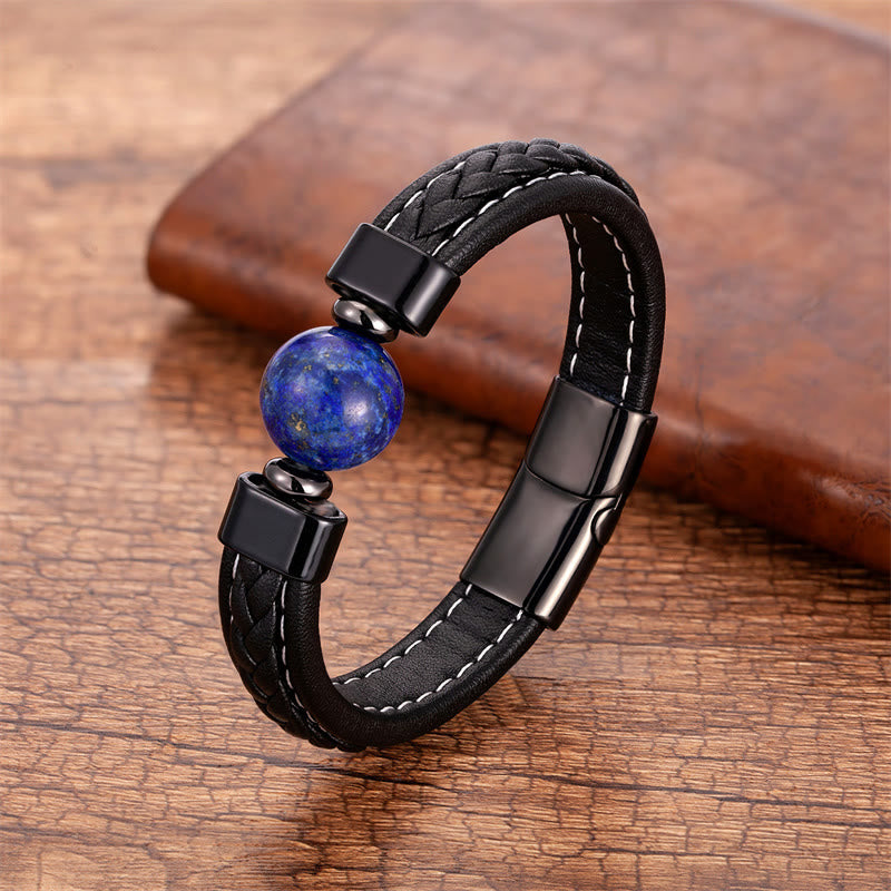 Fortune Jewel Lazurite Black Onyx Tiger Eye Lava Rock Om Mani Padme Hum Serenity Leather Bracelet
