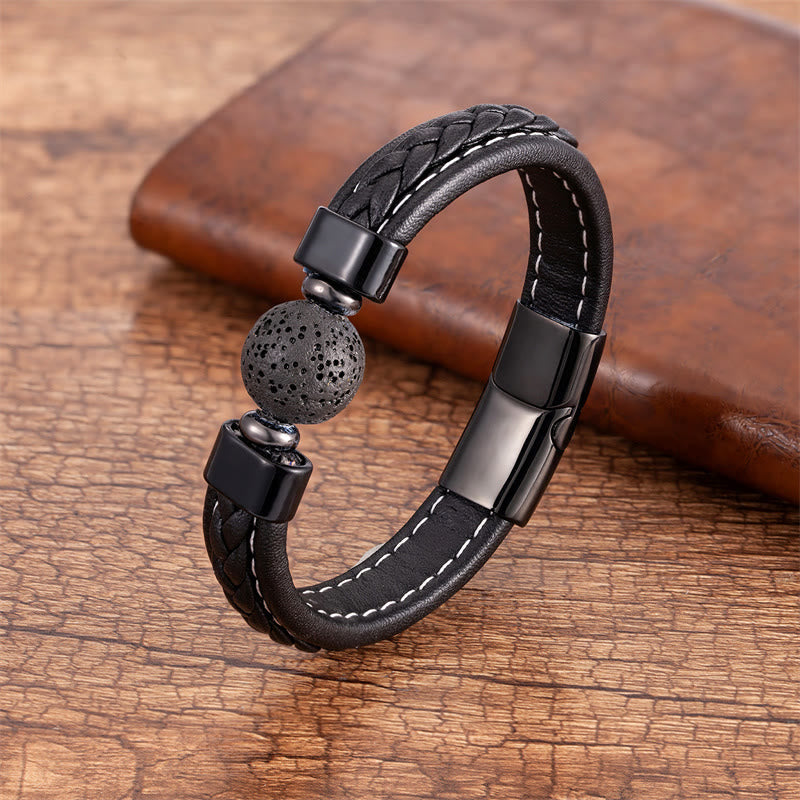 Fortune Jewel Lazurite Black Onyx Tiger Eye Lava Rock Om Mani Padme Hum Serenity Leather Bracelet