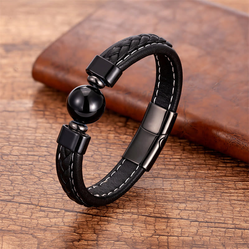Fortune Jewel Lazurite Black Onyx Tiger Eye Lava Rock Om Mani Padme Hum Serenity Leather Bracelet