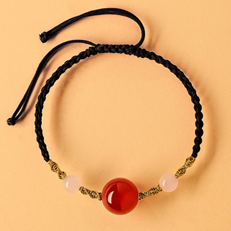 Fortune Jewel Hetian Jade Black Onyx Red Agate Bead Luck Braided Bracelet