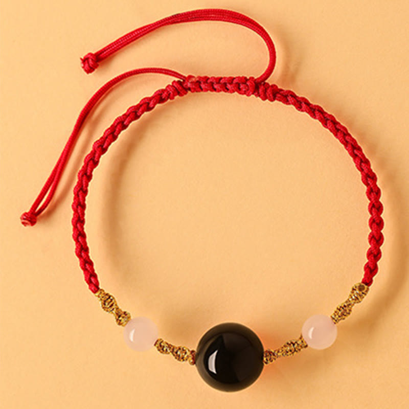Fortune Jewel Hetian Jade Black Onyx Red Agate Bead Luck Braided Bracelet