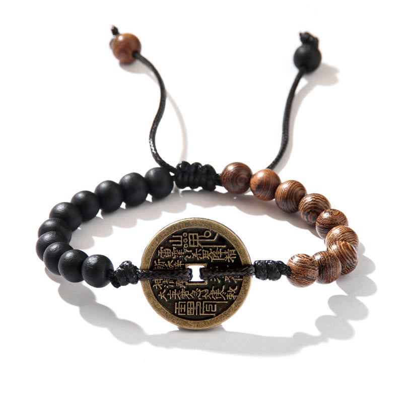 Fortune Jewel Ebony Wood Wenge Wood Mountain Ghosts Spend Money Bagua Copper Coin Peace Bracelet