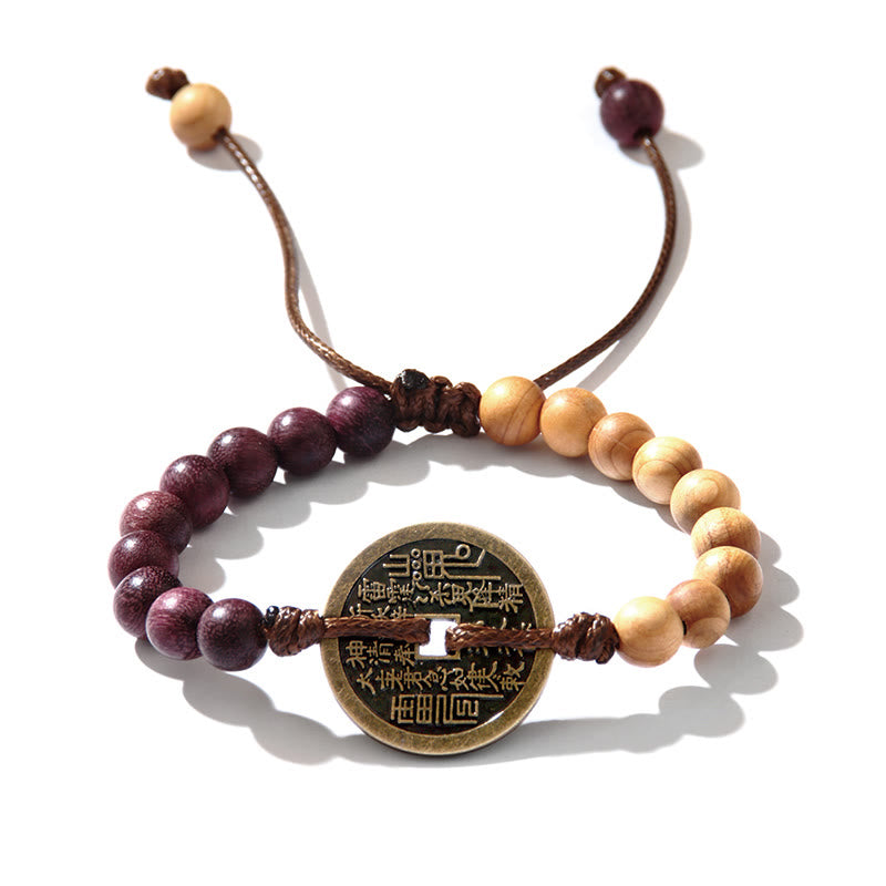 Fortune Jewel Ebony Wood Wenge Wood Mountain Ghosts Spend Money Bagua Copper Coin Peace Bracelet