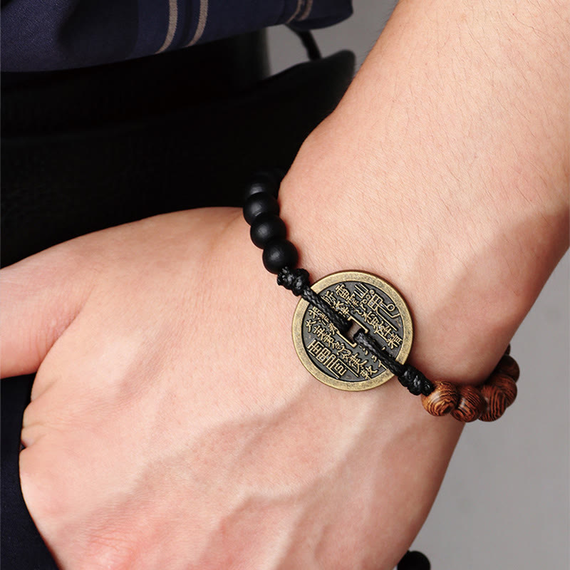 Fortune Jewel Ebony Wood Wenge Wood Mountain Ghosts Spend Money Bagua Copper Coin Peace Bracelet