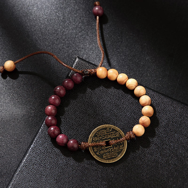 Fortune Jewel Ebony Wood Wenge Wood Mountain Ghosts Spend Money Bagua Copper Coin Peace Bracelet