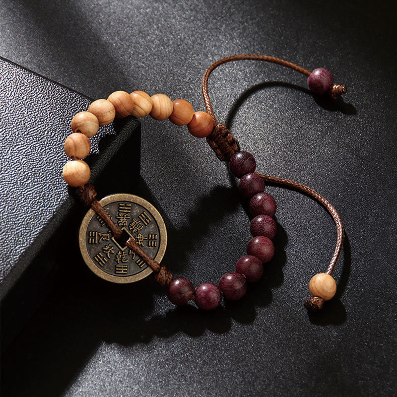 Fortune Jewel Ebony Wood Wenge Wood Mountain Ghosts Spend Money Bagua Copper Coin Peace Bracelet