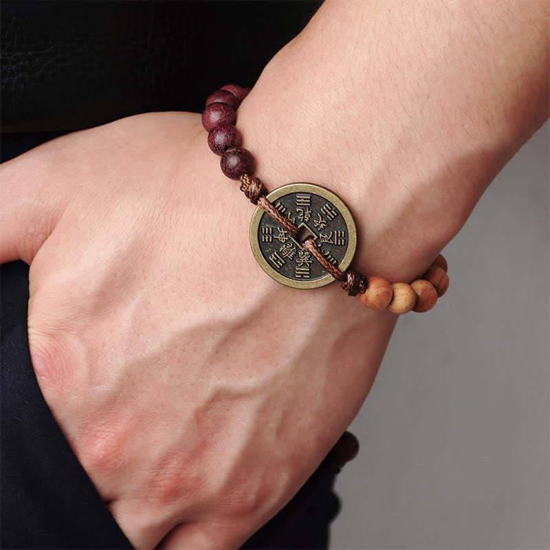 Fortune Jewel Ebony Wood Wenge Wood Mountain Ghosts Spend Money Bagua Copper Coin Peace Bracelet
