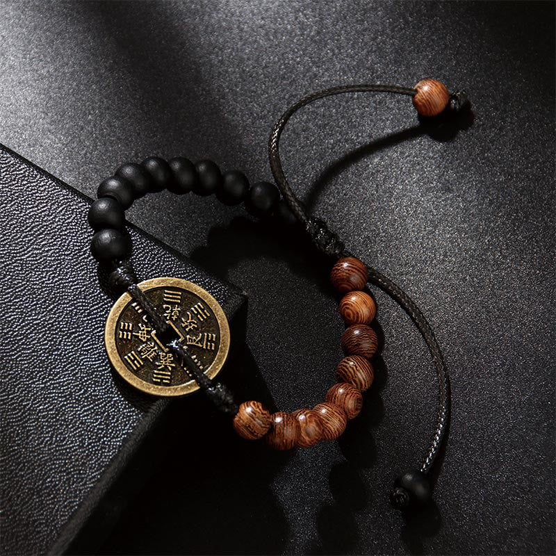 Fortune Jewel Ebony Wood Wenge Wood Mountain Ghosts Spend Money Bagua Copper Coin Peace Bracelet