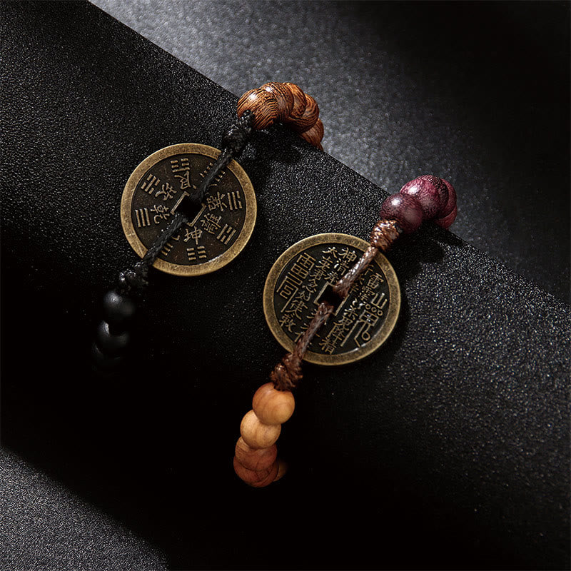 Fortune Jewel Ebony Wood Wenge Wood Mountain Ghosts Spend Money Bagua Copper Coin Peace Bracelet