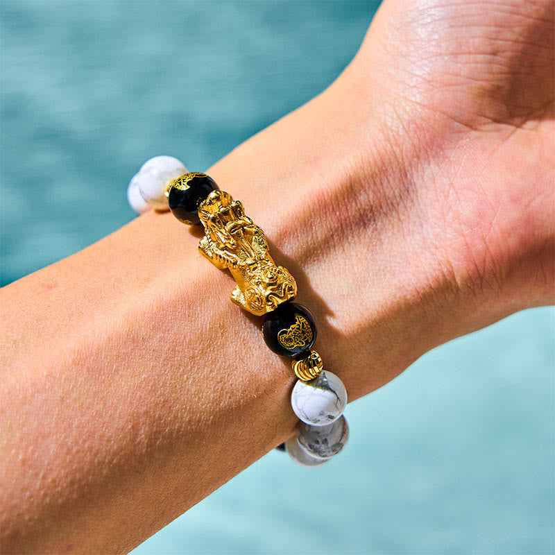 Fortune Jewel Vintage White Turquoise Black Onyx Pixiu Beads Blessing Bracelet