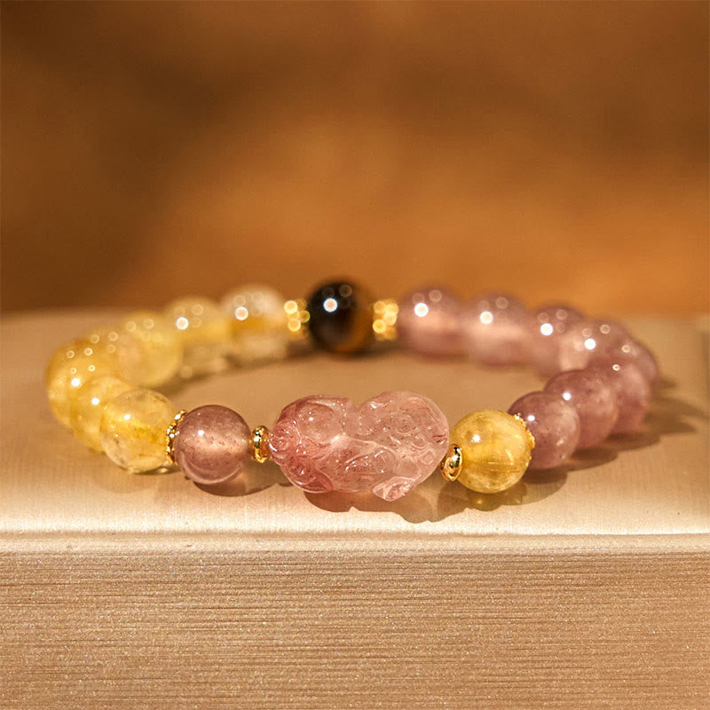 Fortune Jewel Strawberry Quartz Pixiu Rutilated Quartz Beads Healing Bracelet
