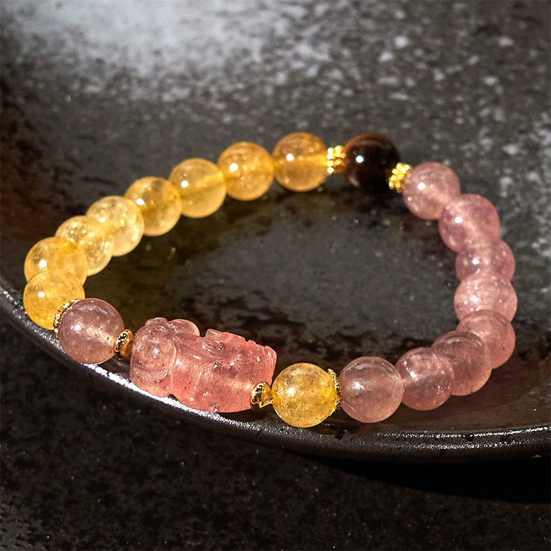 Fortune Jewel Strawberry Quartz Pixiu Rutilated Quartz Beads Healing Bracelet