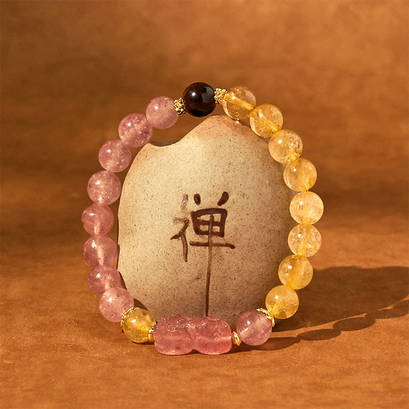 Fortune Jewel Strawberry Quartz Pixiu Rutilated Quartz Beads Healing Bracelet