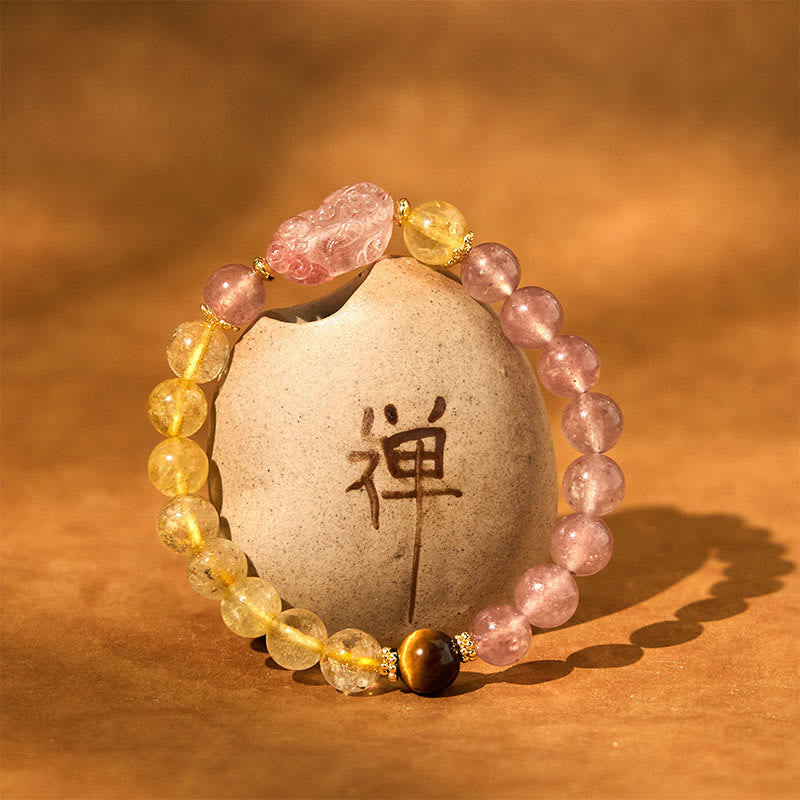 Fortune Jewel Strawberry Quartz Pixiu Rutilated Quartz Beads Healing Bracelet