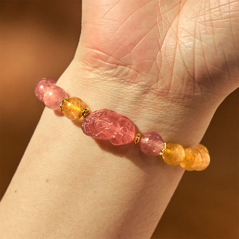 Fortune Jewel Strawberry Quartz Pixiu Rutilated Quartz Beads Healing Bracelet