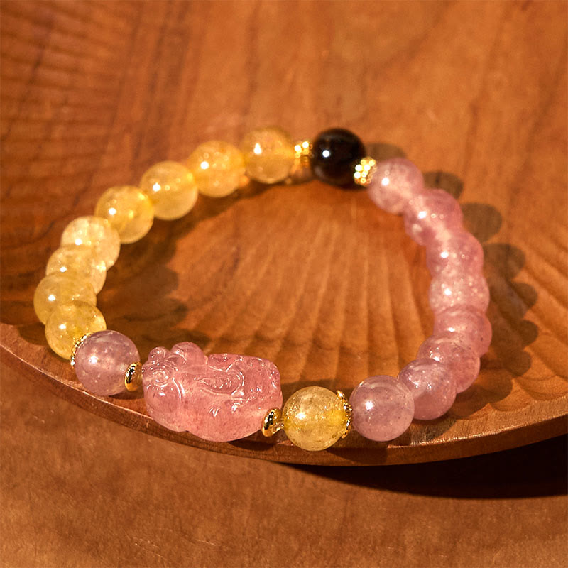 Fortune Jewel Strawberry Quartz Pixiu Rutilated Quartz Beads Healing Bracelet