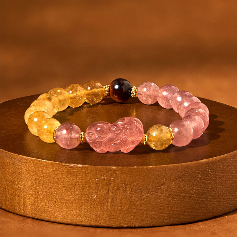 Fortune Jewel Strawberry Quartz Pixiu Rutilated Quartz Beads Healing Bracelet