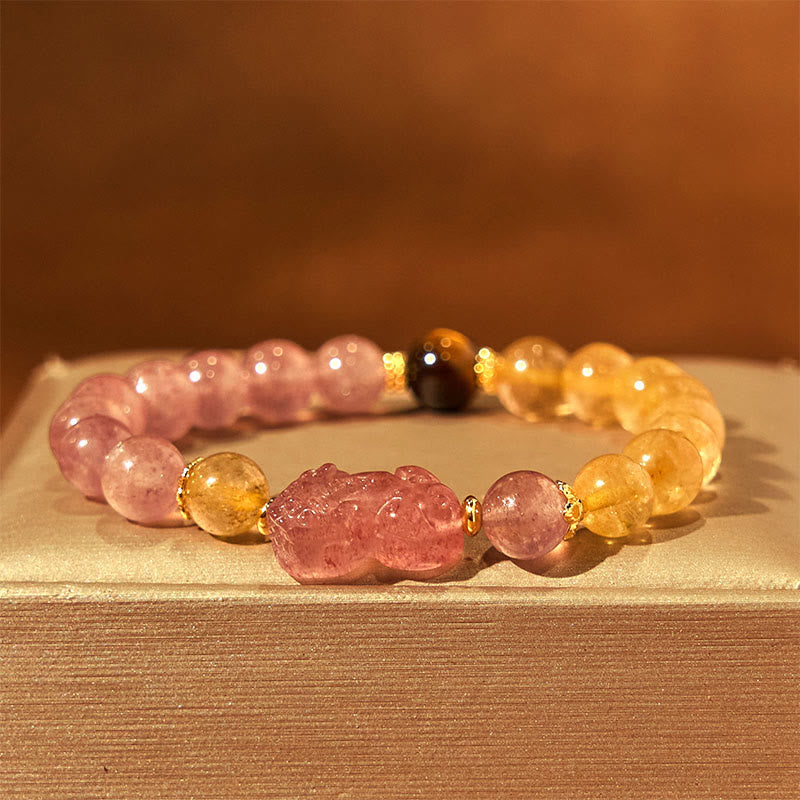 Fortune Jewel Strawberry Quartz Pixiu Rutilated Quartz Beads Healing Bracelet