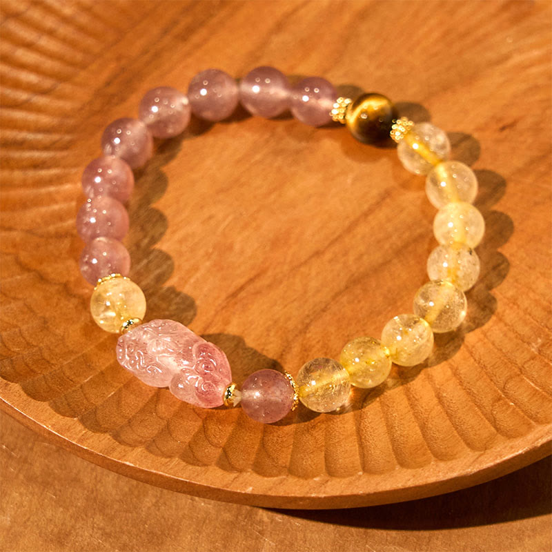 Fortune Jewel Strawberry Quartz Pixiu Rutilated Quartz Beads Healing Bracelet