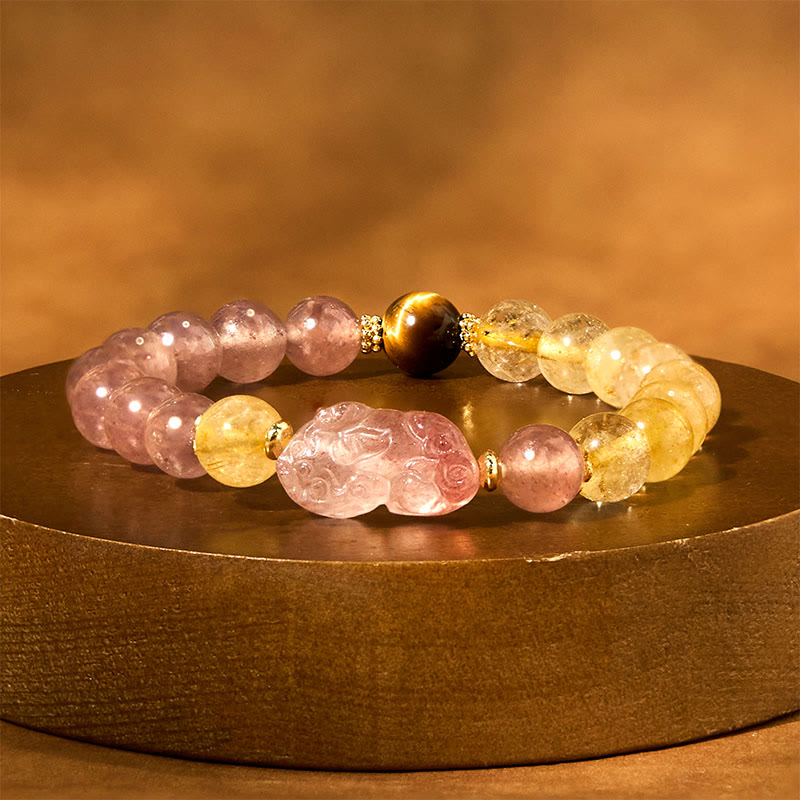 Fortune Jewel Strawberry Quartz Pixiu Rutilated Quartz Beads Healing Bracelet