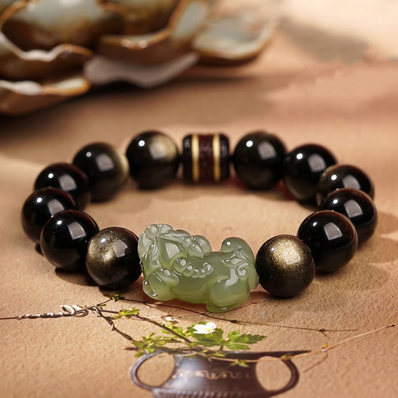 Fortune Jewel Natural Gold Sheen Obsidian Hetian Cyan Jade White Jade PiXiu Wealth Bracelet