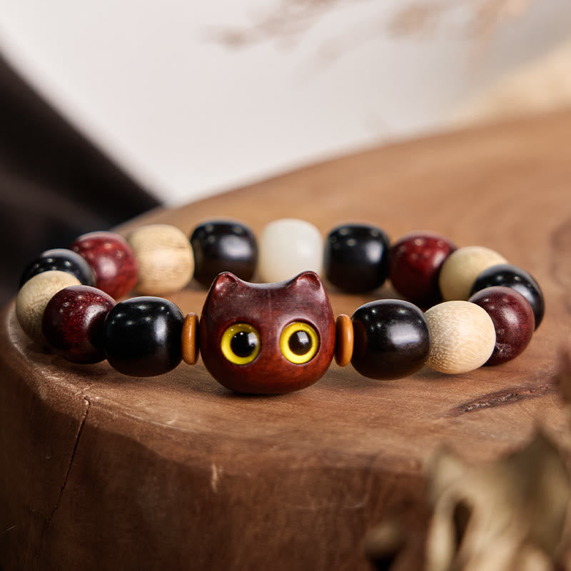 Fortune Jewel Small Leaf Red Sandalwood Ebony Wood Cute Cat Engraved Protection Bracelet