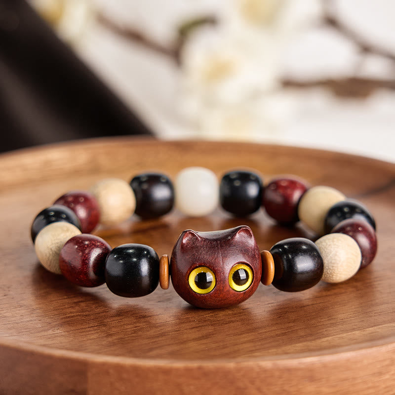 Fortune Jewel Small Leaf Red Sandalwood Ebony Wood Cute Cat Engraved Protection Bracelet