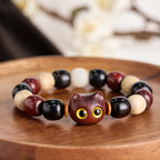 Fortune Jewel Small Leaf Red Sandalwood Ebony Wood Cute Cat Engraved Protection Bracelet