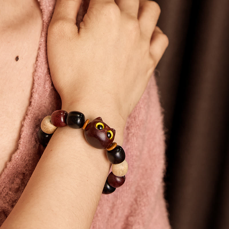 Fortune Jewel Small Leaf Red Sandalwood Ebony Wood Cute Cat Engraved Protection Bracelet