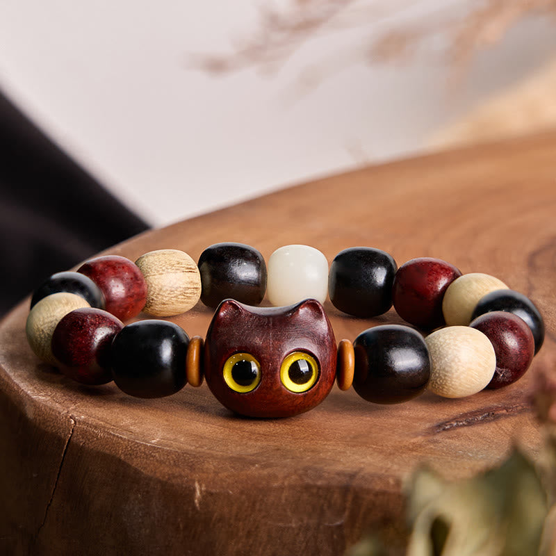 Fortune Jewel Small Leaf Red Sandalwood Ebony Wood Cute Cat Engraved Protection Bracelet