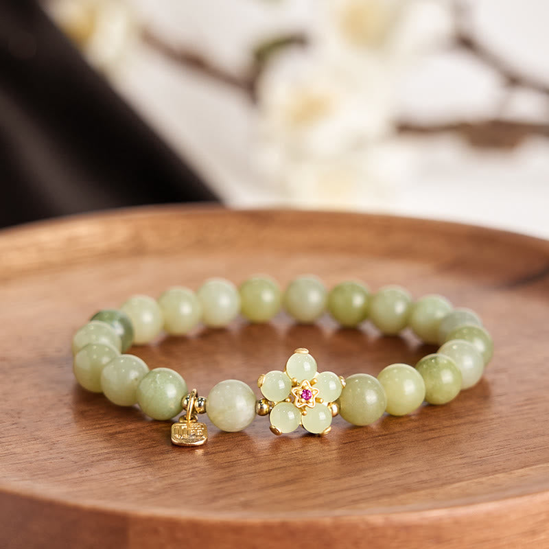 Fortune Jewel Green Jade Flower Fu Character Charm Luck Bracelet