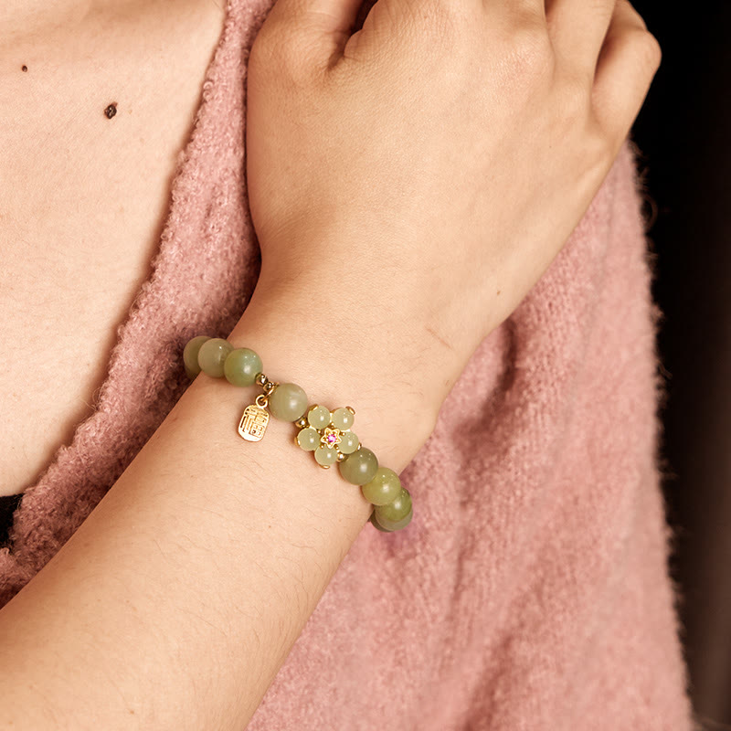 Fortune Jewel Green Jade Flower Fu Character Charm Luck Bracelet