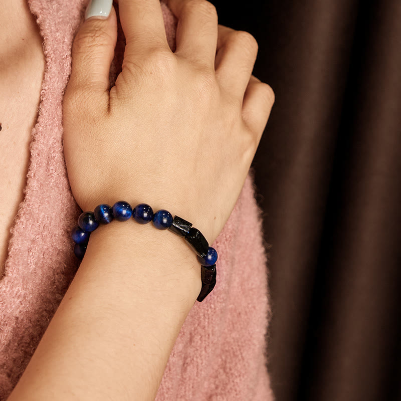 Fortune Jewel Blue Tiger Eye Black Tourmaline Strength Bracelet