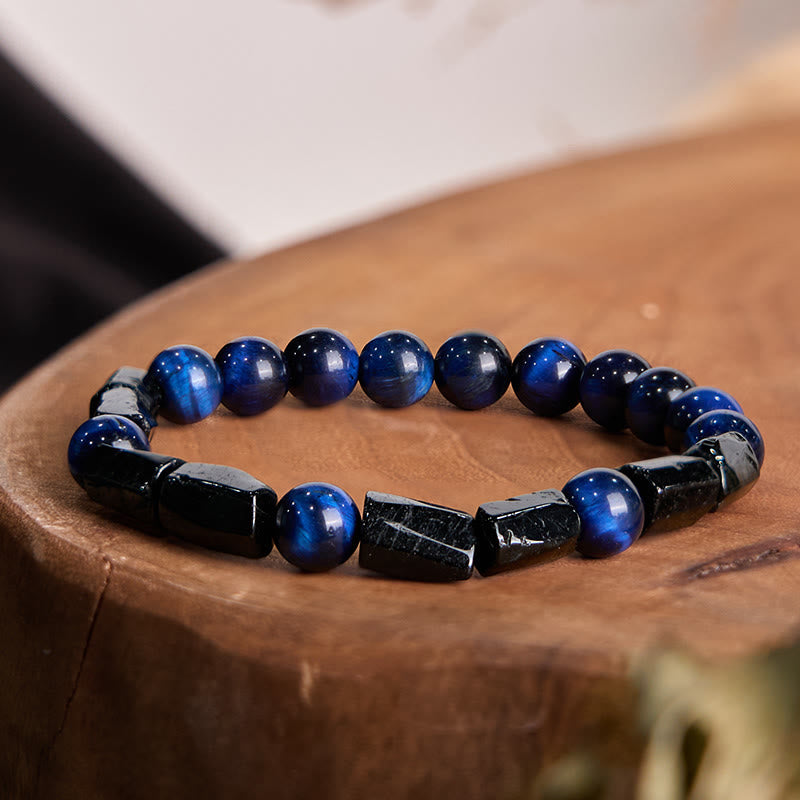 Fortune Jewel Blue Tiger Eye Black Tourmaline Strength Bracelet