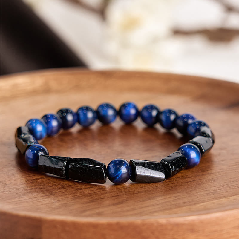 Fortune Jewel Blue Tiger Eye Black Tourmaline Strength Bracelet