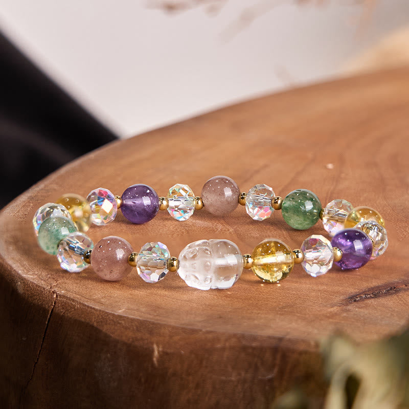 Fortune Jewel PiXiu White Crystal Citrine Green Strawberry Quartz Amethyst Luck Bracelet