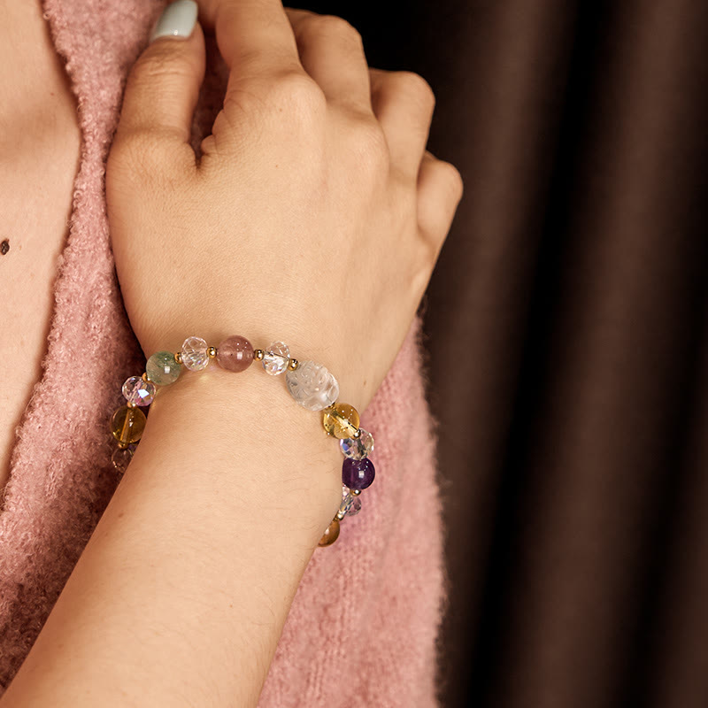 Fortune Jewel PiXiu White Crystal Citrine Green Strawberry Quartz Amethyst Luck Bracelet