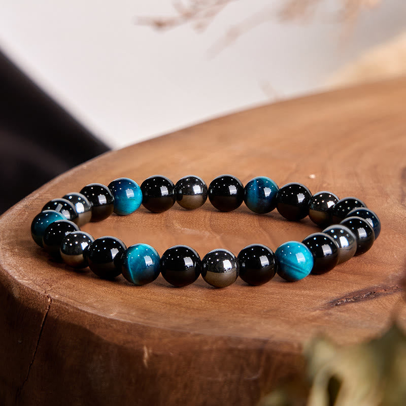 Fortune Jewel Natural Tiger's Eye Obsidian Hematite Positive Powerful Bracelet
