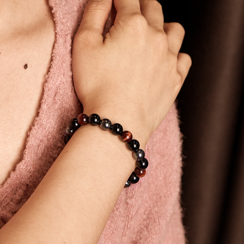 Fortune Jewel Natural Tiger's Eye Obsidian Hematite Positive Powerful Bracelet