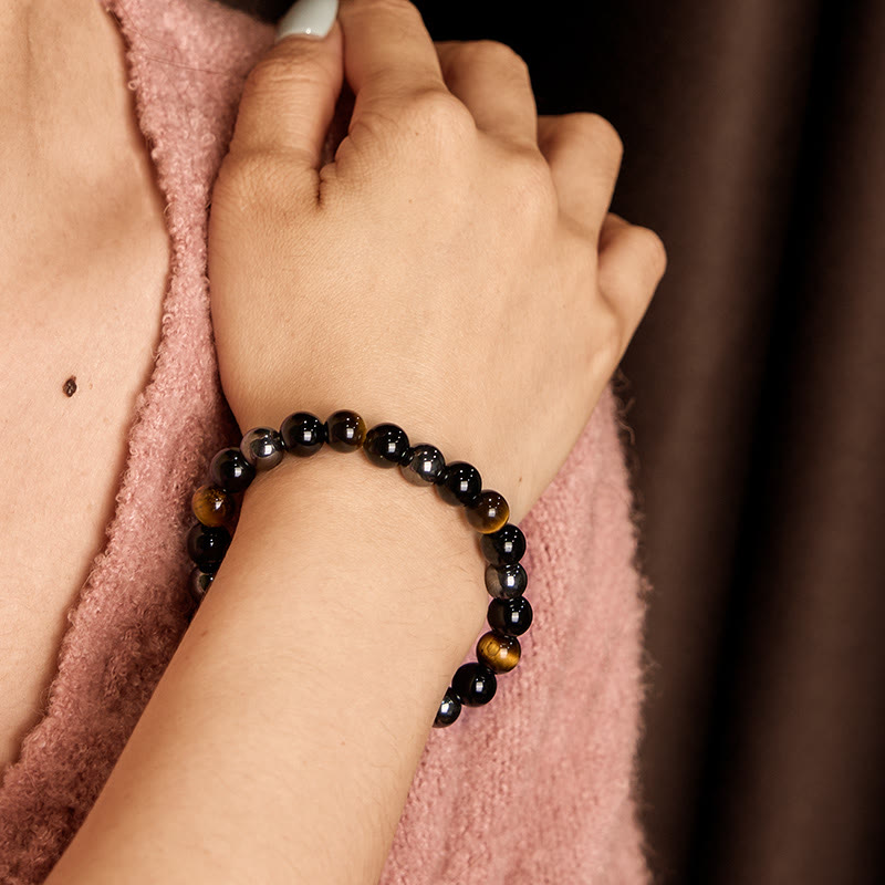 Fortune Jewel Natural Tiger's Eye Obsidian Hematite Positive Powerful Bracelet