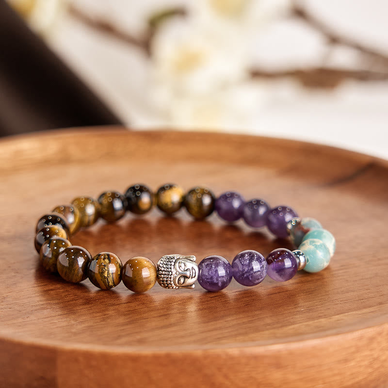 Fortune Jewel Natural Black Onyx White Stone Green Aventurine Tiger Eye Agate Mixed Color Buddha Head Protection Bracelet