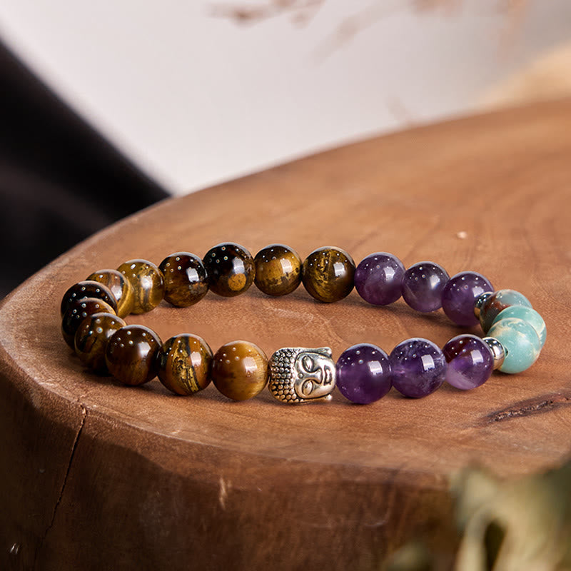 Fortune Jewel Natural Black Onyx White Stone Green Aventurine Tiger Eye Agate Mixed Color Buddha Head Protection Bracelet