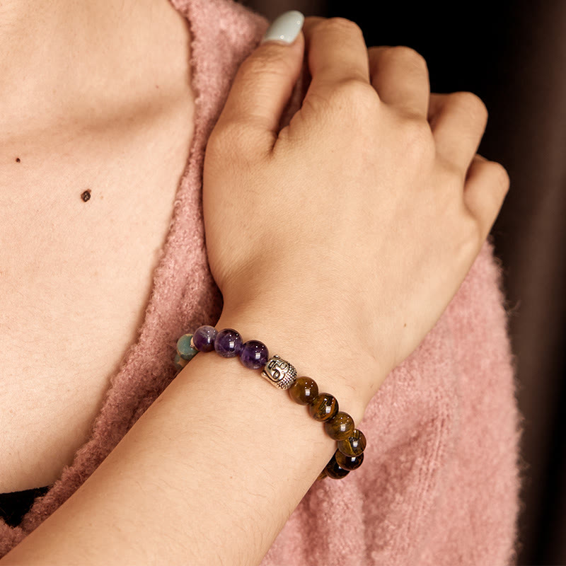 Fortune Jewel Natural Black Onyx White Stone Green Aventurine Tiger Eye Agate Mixed Color Buddha Head Protection Bracelet